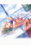  absurdres ano_hi_mita_hana_no_namae_wo_bokutachi_wa_mada_shiranai. bad_id bad_yandere_id barefoot bed child closed_eyes cloud dress fetal_position goto_p highres honma_meiko long_hair lying on_side ribbon silver_hair sleeping sleeveless sleeveless_dress solo 