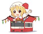  ascot bad_id bad_pixiv_id blonde_hair blush box buchi_(shimauma_kenkyuujo) chibi dress fang flandre_scarlet ground_vehicle hat hat_ribbon in_box in_container open_mouth outstretched_arm playing red_dress red_eyes ribbon shirt side_ponytail simple_background smile solo touhou train wings 