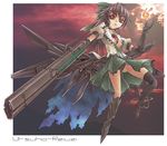  alternate_weapon arm_cannon black_panties bow breasts brown_hair cape cleavage elbow_gloves eyes g.haruka gloves hair_bow long_hair medium_breasts night open_clothes open_shirt panties red_eyes reiuji_utsuho shirt solo sun thighs third_eye touhou underwear weapon wings 