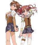  a-can alternate_costume belt between_fingers brown_eyes brown_hair coin corset hair_ribbon kneepits knife misaka_mikoto multiple_girls ribbon shirai_kuroko short_hair steampunk thigh_strap thighhighs to_aru_kagaku_no_railgun to_aru_majutsu_no_index twintails white_legwear 