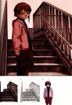  abe_yoshitoshi absurdres artbook brown_eyes brown_hair from_below highres iwakura_lain jacket looking_down official_art partially_colored railing scan serial_experiments_lain short_hair sketch skirt stairs traditional_media 