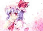  ascot blush cherry_blossoms chin_rest fang flower hat hinooka_shuuji lavender_hair looking_at_viewer petals red_eyes remilia_scarlet solo touhou tsurime upper_body 