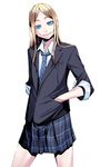  blazer blonde_hair blue_eyes hamada_youho hand_in_pocket head_tilt jacket long_hair necktie original plaid plaid_skirt school_uniform skirt sleeves_rolled_up smile solo 