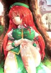  against_tree bad_id bad_pixiv_id braid chinese_clothes closed_eyes hat hong_meiling long_hair red_hair ryuji_(ikeriu) sleeping solo touhou tree twin_braids 