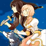  1girl bad_id bad_pixiv_id black_eyes black_hair blue_background dog estellise_sidos_heurassein lowres over_shoulder pink_hair repede scar sheath sheathed short_hair sword tales_of_(series) tales_of_vesperia weapon weapon_over_shoulder yuri_lowell 