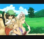  :d ;d animal_ears bad_id bad_pixiv_id cat_ears cat_tail chen field from_side grass hat letterboxed mob_cap multiple_girls multiple_tails nekomata one_eye_closed open_mouth plant sleeping smile tail touhou tree two_tails yakumo_ran yakumo_yukari you_shimizu 