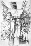  6+girls abe_yoshitoshi absurdres artbook bandages cellphone greyscale highres hood hoodie iwakura_lain monochrome multiple_boys multiple_girls official_art phone profile scan serial_experiments_lain short_hair sketch skirt traditional_media train_interior vanishing_point 
