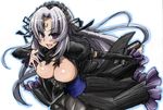  book breasts cleavage detached_sleeves facial_mark forehead_mark gothic_lolita grey_hair headband jinguuji_kuesu kin large_breasts lolita_fashion long_hair omamori_himari purple_eyes solo 