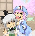  ghost hat k0n3k0 konpaku_youmu konpaku_youmu_(ghost) licking multiple_girls saigyouji_yuyuko tongue touhou 