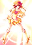  boots bow brown_eyes brown_hair choker cure_sunshine hair_ornament heartcatch_precure! knee_boots magical_girl myoudouin_itsuki orange_(color) orange_choker orange_skirt precure short_hair skirt solo teruui yellow_background yellow_bow 