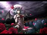  bat_wings blue_hair graveyard hat houd_(vacson) petals red_eyes remilia_scarlet short_hair solo touhou wings 