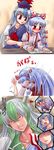  2girls between_breasts blue_dress blue_hair blush bow breast_grab breast_press breasts caved chibi collared_shirt comic death_note dress evil_grin evil_smile ex-keine flying_sweatdrops fujiwara_no_mokou grabbing green_hair grin hat highres horns just_as_planned kamishirasawa_keine large_breasts long_sleeves multicolored_hair multiple_girls parody push_down red_eyes sasuke_(sasuke_no_sato) shaded_face shirt short_sleeves smile suspenders touhou transformation translated white_hair white_shirt writing yuri 