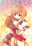 ana_(rznuscrf) animal_ears bad_id bad_pixiv_id barefoot blonde_hair brown_hair cat_ears cat_tail chen closed_eyes floral_background frills gathers happy holding hug light_particles multiple_girls multiple_tails no_hat no_headwear smile tail touhou yakumo_yukari 