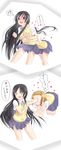  3girls akiyama_mio bad_id bad_pixiv_id banned_artist black_hair blue_eyes broken_heart brown_hair closed_eyes elbowing groping heart highres hug k-on! long_hair mirai_(macharge) multiple_girls nakano_azusa school_uniform short_hair sweater_vest tainaka_ritsu translated twintails 