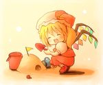  :d ^_^ blonde_hair bucket child closed_eyes eijima_moko flandre_scarlet happy hat kneeling open_mouth playing sand sand_castle sand_sculpture short_hair side_ponytail smile solo touhou trowel wings 