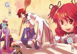 3girls asbel_lhant bad_id bad_pixiv_id blonde_hair blue_eyes blue_hair brown_hair cheria_barnes glasses hubert_ozwell hyakuhachi_(over3) malik_caesars multicolored_hair multiple_boys multiple_girls pascal purple_eyes purple_hair red_hair sophie_(tales) spoon tales_of_(series) tales_of_graces twintails two-tone_hair two_side_up white_hair yellow_background 
