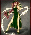  abs bare_shoulders blue_eyes braid cleavage_cutout dragon fighting_stance fingerless_gloves gloves highres hong_meiling ledjoker07 long_hair ponytail red_hair side_slit solo touhou twin_braids very_long_hair 