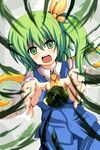  bad_id bad_pixiv_id daiyousei dutch_angle foreshortening green_eyes green_hair highres magic open_mouth outstretched_arms satou_makura short_hair side_ponytail solo touhou wings 