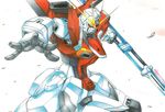  debris energy_sword foreshortening gundam gundam_seed gundam_seed_destiny impulse_gundam marker_(medium) mecha nib_pen_(medium) no_humans solo sword traditional_media weapon 