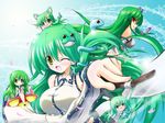  ;d alternate_costume animal_ears breasts chibi clone dark_persona fang fish foreshortening frog gohei green_eyes green_hair kemonomimi_mode kochiya_sanae large_breasts one_eye_closed open_mouth osashin_(osada) school_uniform serafuku sideboob smile snake touhou ufo yukkuri_shiteitte_ne 