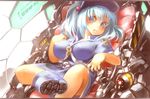  :t bangs blue_dress blue_eyes blue_hair boots breasts covered_nipples dress dutch_angle flat_cap hat impossible_clothes impossible_dress kawashiro_nitori key large_breasts leaning_back machine rubber_boots sachito solo touhou two_side_up 