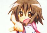  bad_id bad_pixiv_id brown_hair fang godees highres kusakabe_misao lucky_star multicolored multicolored_eyes open_mouth pointing ryouou_school_uniform school_uniform serafuku short_hair solo traditional_media white_background 