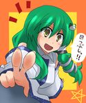  akatoro_(nightlord) blush detached_sleeves green_eyes green_hair kochiya_sanae looking_at_viewer outstretched_arm solo tareme touhou translated upper_body v vest 