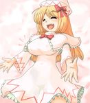  1girl alternate_breast_size blonde_hair bondo bow breasts closed_eyes hair_bow highres impossible_clothes impossible_shirt large_breasts lily_white shirt solo touhou 