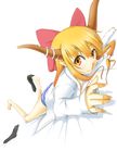  bad_id bad_pixiv_id barefoot blonde_hair bow face feet foreshortening hands horns ibuki_suika long_hair lying nishiuri on_stomach panties pointy_ears single_sock sock_pull socks solo striped striped_panties touhou underwear yellow_eyes 