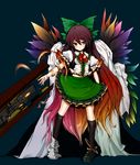  alternate_weapon arm_cannon asymmetrical_clothes bad_id bad_pixiv_id bow cape collaboration gradient_hair hair_bow lilac_(p-f_easy) long_hair mismatched_footwear multicolored_hair red_eyes reiuji_utsuho shishigami_(sunagimo) skirt solo touhou very_long_hair weapon wings 