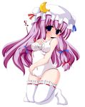  bad_id bad_pixiv_id blue_eyes covered_navel hat highres kanijiru kneeling long_hair moon one-piece_swimsuit patchouli_knowledge purple_hair ribbon-trimmed_sleeves ribbon_trim school_swimsuit solo swimsuit thighhighs touhou white_school_swimsuit white_swimsuit 
