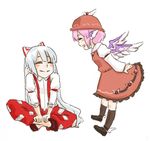  animal_ears bad_id bad_pixiv_id blush_stickers dress fujiwara_no_mokou hair_ribbon happy hat hikimaru kneehighs long_sleeves multiple_girls mystia_lorelei open_mouth ribbon shoes simple_background sitting sleeves_rolled_up smile socks suspenders touhou winged_shoes wings 