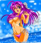  bad_id bad_pixiv_id bikini breasts kurokuro_(koulen1206) large_breasts long_hair oekaki one_eye_closed original purple_eyes purple_hair solo swimsuit underboob wading water 