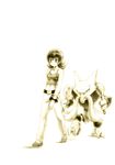  1girl alakazam bare_shoulders belt bracelet chiba_(tibaacss) facial_hair gen_1_pokemon holding holding_spoon jewelry midriff monochrome mustache natsume_(pokemon) navel pokemon pokemon_(creature) pokemon_(game) pokemon_hgss sepia simple_background spoon tank_top white_background 