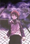  abe_yoshitoshi absurdres artbook brown_eyes brown_hair chain-link_fence cloud fence from_below head_tilt highres hood hoodie iwakura_lain lamppost looking_down moon official_art power_lines purple scan serial_experiments_lain short_hair skirt sky solo telephone_pole transformer 