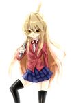  aisaka_taiga bokken brown_eyes brown_hair kazusa long_hair school_uniform solo sword thighhighs toradora! weapon wooden_sword 