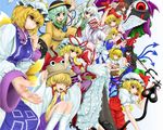  alice_margatroid alice_margatroid_(pc-98) angel_wings black_hair blonde_hair book bow breasts brown_eyes brown_hair closed_eyes dress evil_eye_sigma ex-keine eyeball flandre_scarlet fox_tail frills fujiwara_no_mokou gap gengetsu green_eyes green_hair grin hair_bow hairband hat hat_ribbon heart heart_of_string horn_ribbon horns houjuu_nue kamishirasawa_keine kneehighs komeiji_koishi large_breasts long_hair maid maid_headdress md5_mismatch medium_breasts miyakouji mugetsu multiple_girls multiple_tails one_eye_closed open_hand open_mouth polearm purple_wings red_eyes ribbon rika_(touhou) short_hair side_ponytail skirt smile squatting stage_connection suspenders tabard tail third_eye touhou touhou_(pc-98) trident weapon white_legwear wide_sleeves wings yakumo_ran yakumo_yukari yellow_eyes 