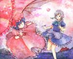  blue_eyes braid izayoi_sakuya knife maid millipen_(medium) multiple_girls red_eyes remilia_scarlet shiroaisa short_hair silver_hair touhou traditional_media twin_braids watercolor_(medium) wings 