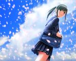  bag black_hair cherry_blossoms day long_hair love_plus mino_tarou petals ponytail school_bag school_uniform serafuku sky smile solo takane_manaka 