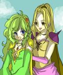  2girls blonde_hair blue_eyes brown_eyes cape detached_sleeves female final_fantasy final_fantasy_iv green_hair hair_ornament jewelry leotard long_hair lowres multiple_girls necklace open_mouth rosa_farrell rydia ryo_(pixiv1364600) shoulder_pads 