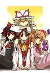  annoyed arm_support blonde_hair bow brown_hair closed_eyes cosplay detached_sleeves gourd grin hair_bow hakurei_reimu hakurei_reimu_(cosplay) harem hat hikawa_shou horns ibuki_suika long_hair multiple_girls red_eyes saliva shameimaru_aya short_hair smile subterranean_animism tokin_hat touhou yakumo_yukari 