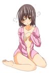  barefoot blush brown_hair covering hatsunatsu naked_shirt no_panties one_eye_closed open_clothes open_shirt original shirt short_hair sitting sleepy solo wariza 