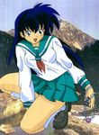  1girl black_hair breasts female highres higurashi_kagome inuyasha legs long_hair miniskirt nature outdoors school_uniform skirt sky solo thighs 