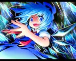  ayakashi_(monkeypanch) bad_id bad_pixiv_id blue_eyes blue_hair bow cirno fang hair_bow ice letterboxed ribbon short_hair solo touhou wings 
