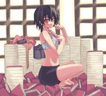  bakemonogatari barefoot bike_shorts black_hair book book_stack kanbaru_suruga monogatari_(series) pile_of_books red_eyes regu short_hair sitting_on_books solo too_many too_many_books undressing 