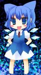  blue_eyes blue_hair chibi cirno fang ice nigo_(aozoragarou) ribbon solo touhou 