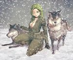  animal blonde_hair breasts choker cleavage fingerless_gloves gloves green_eyes kneeling large_breasts metal_gear_(series) metal_gear_solid niiyaso one_eye_closed sniper_wolf snow solo unzipped wolf 