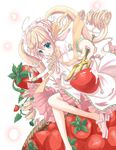  ahoge blonde_hair blue_eyes dress drill_hair food fork frills fruit headdress legs natsuki_yuu_(minamino_tsuki) original ribbon solo strawberry twintails 