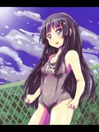  akiyama_mio black_hair blue_eyes chain-link_fence fence k-on! letterboxed long_hair one-piece_swimsuit open_mouth school_swimsuit solo swimsuit tom_(drpow) 