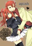  1girl absurdres bad_id bad_pixiv_id black_legwear blue_eyes brother_and_sister hair_bobbles hair_ornament highres long_hair melt_(artist) pleated_skirt red_hair siblings skirt thighhighs umineko_no_naku_koro_ni ushiromiya_ange ushiromiya_battler zettai_ryouiki 